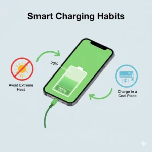 How To Maintain iPhone 12 Battery Health with smart charging habits, showing charging at 20% in a cool place and avoiding extreme heat.