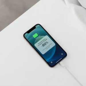 iPhone 12 mini charging with Optimized Battery Charging enabled at 80%.