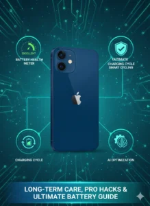 Futuristic infographic of iPhone 12 mini battery health, AI optimization, and charging cycles.