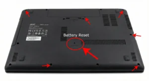 Battery reset pinhole location on Acer Aspire laptop bottom side