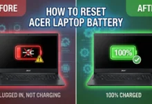 Step-by-step visual showing how to reset Acer laptop battery with hard reset, Aspire battery pinhole, and full charge cycle for fixing “plugged in, not charging” and wrong percentage issues.
