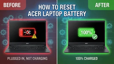 Step-by-step visual showing how to reset Acer laptop battery with hard reset, Aspire battery pinhole, and full charge cycle for fixing “plugged in, not charging” and wrong percentage issues.