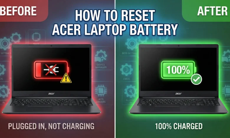 Step-by-step visual showing how to reset Acer laptop battery with hard reset, Aspire battery pinhole, and full charge cycle for fixing “plugged in, not charging” and wrong percentage issues.