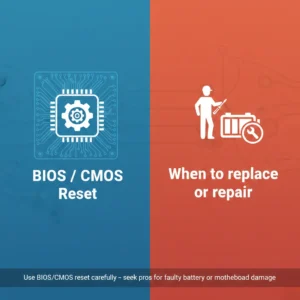 Diagram showing BIOS reset, CMOS battery reset, and professional repair options as advanced methods in how to reset Acer laptop battery when basic resets fail.