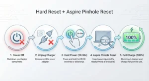 Illustration of how to reset Acer laptop battery with a hard reset and Aspire battery reset pinhole, including powering off, holding the power button, and pressing the reset pinhole.