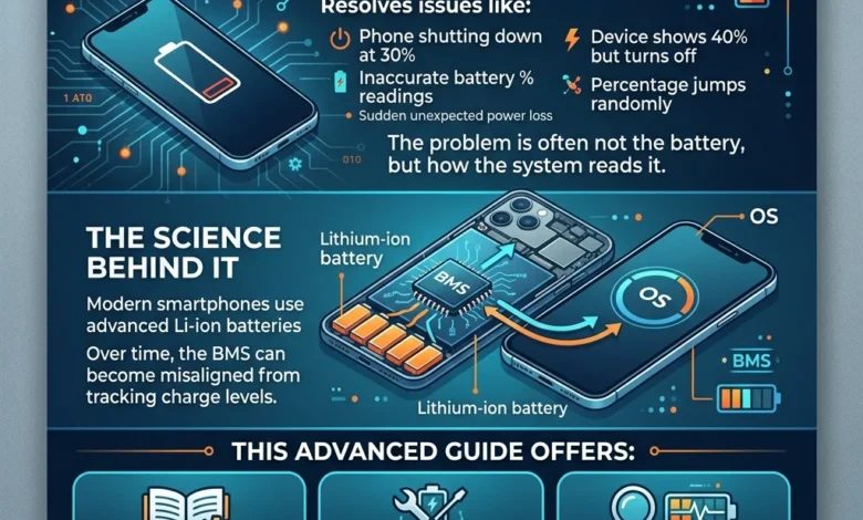 Mobile Battery Calibration & Fixes guide showing how to fix battery drain, incorrect percentage, and sudden shutdown issues on smartphones