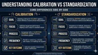 Calibration vs standardization — scientist comparing instrument readings against certified reference standard in a laboratory