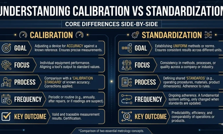Calibration vs standardization — scientist comparing instrument readings against certified reference standard in a laboratory