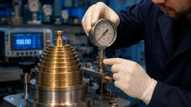 pressure gauge calibration process – technician calibrating precision gauge with deadweight tester in metrology laboratory