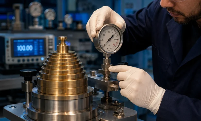 pressure gauge calibration process – technician calibrating precision gauge with deadweight tester in metrology laboratory