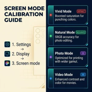 Samsung Galaxy S23 screen calibration — comparing Vivid, Natural, Photo and Video display modes for color accuracy and white balance adjustment