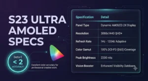 Samsung S23 Ultra screen calibration — QHD Plus AMOLED display specs, Delta E accuracy rating, and Natural vs Vivid mode color accuracy comparison